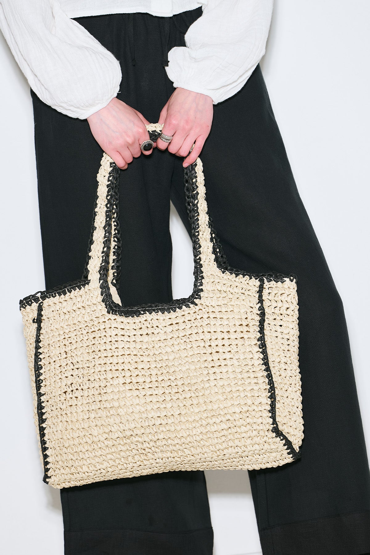 Large beige and black striped straw shoulder bag with zipper closure, view 3
