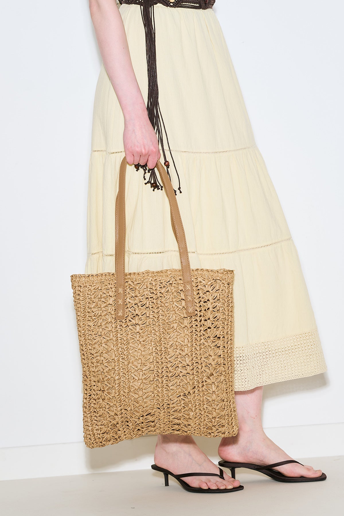 Natural patterned straw shoulder bag with faux leather straps, view 5