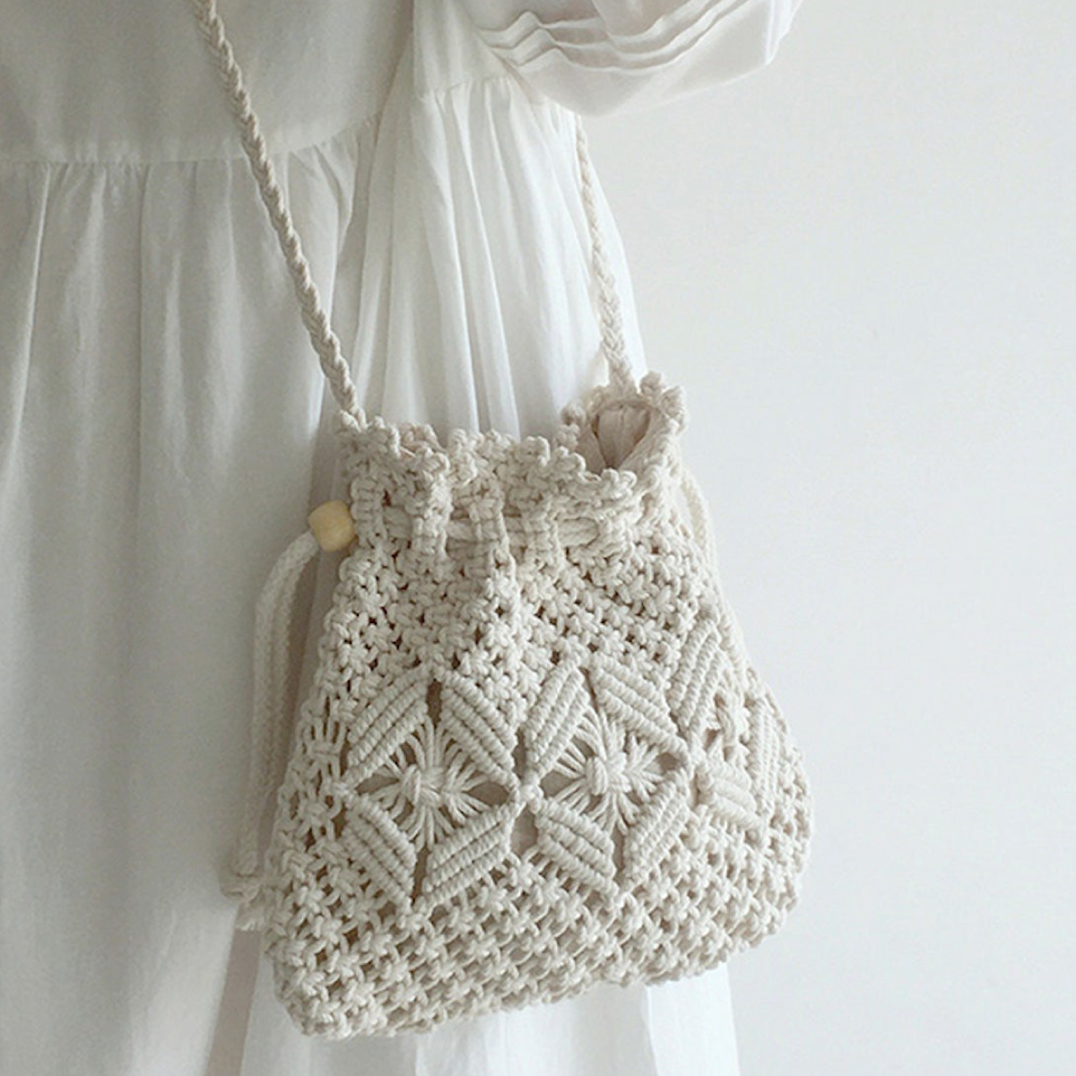 Women’s Macrame Cotton Retro Cotton Macrame Shoulder Drawstring Bag Crossbody Bag for Boho Everyday Style & Gifts