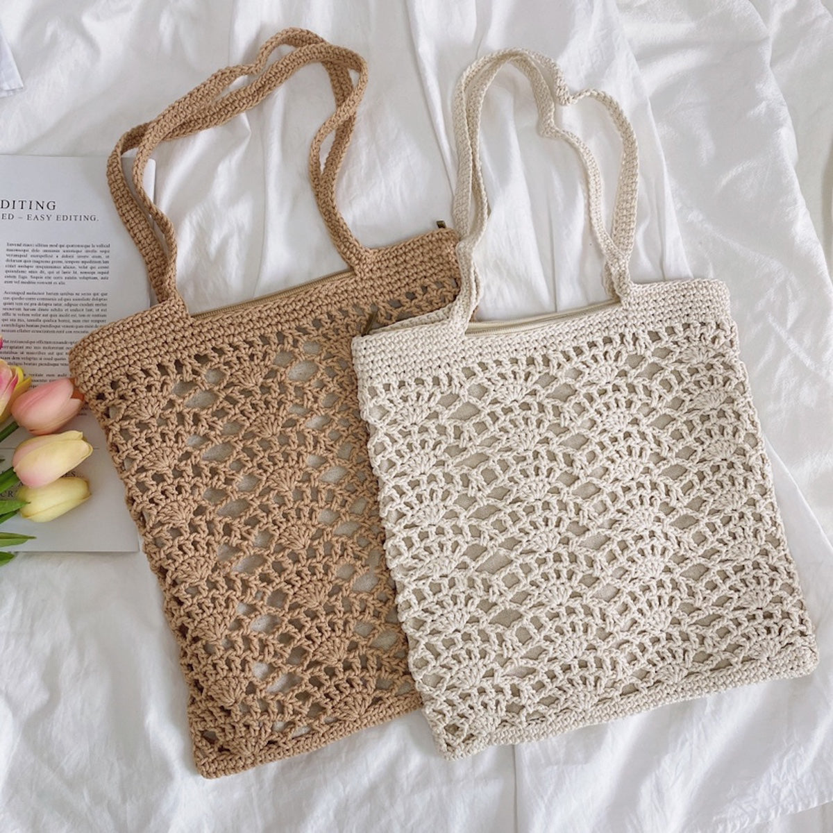 Women’s Crochet Medium Cotton Knitted Top Handle Bag with Floral Design Purse for Boho Everyday Style & Gifts