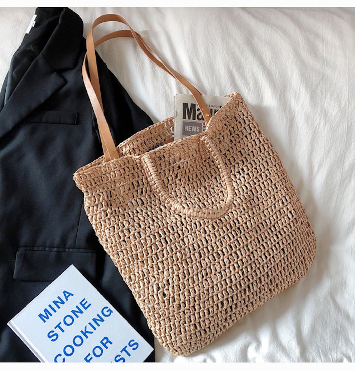 Women’s Minimalistic Straw Woven Tote Bag for Beach, Vacation & Summer Outfits
