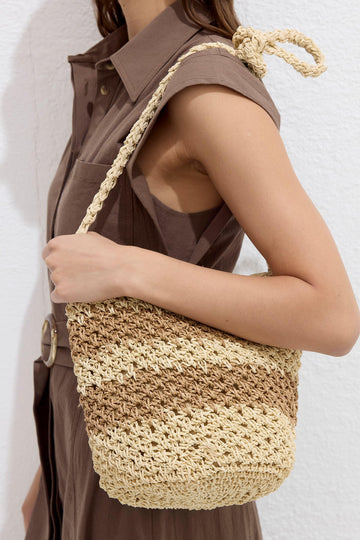 Beige Striped Straw Mini Crossbody Bag With Tassel Details