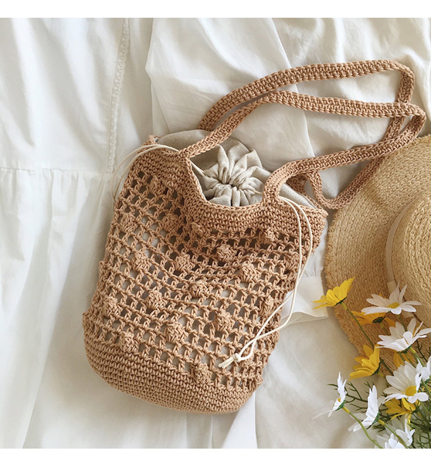 Women’s Crochet Cotton Bucket Shoulder Bag for Boho Everyday Style & Gifts