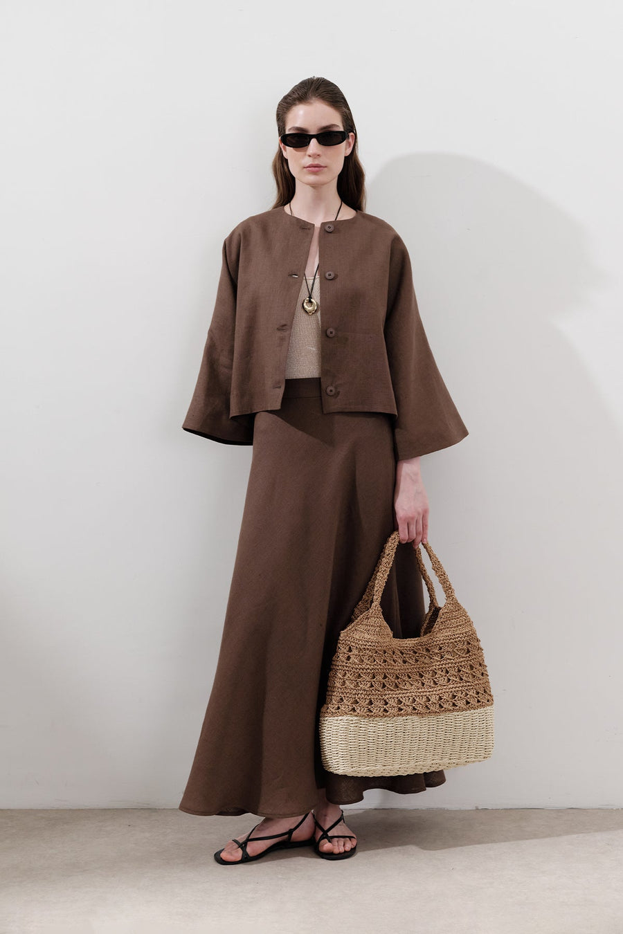 Natural two tone straw shoulder tote bag with inner pocket, view 2