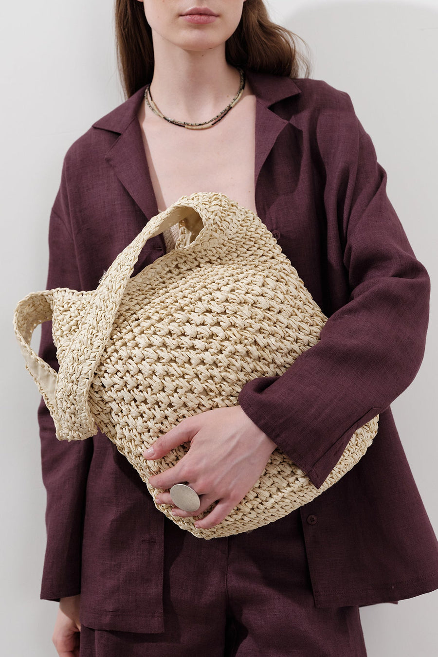 Beige braided straw shoulder bag with snap closure, view 2