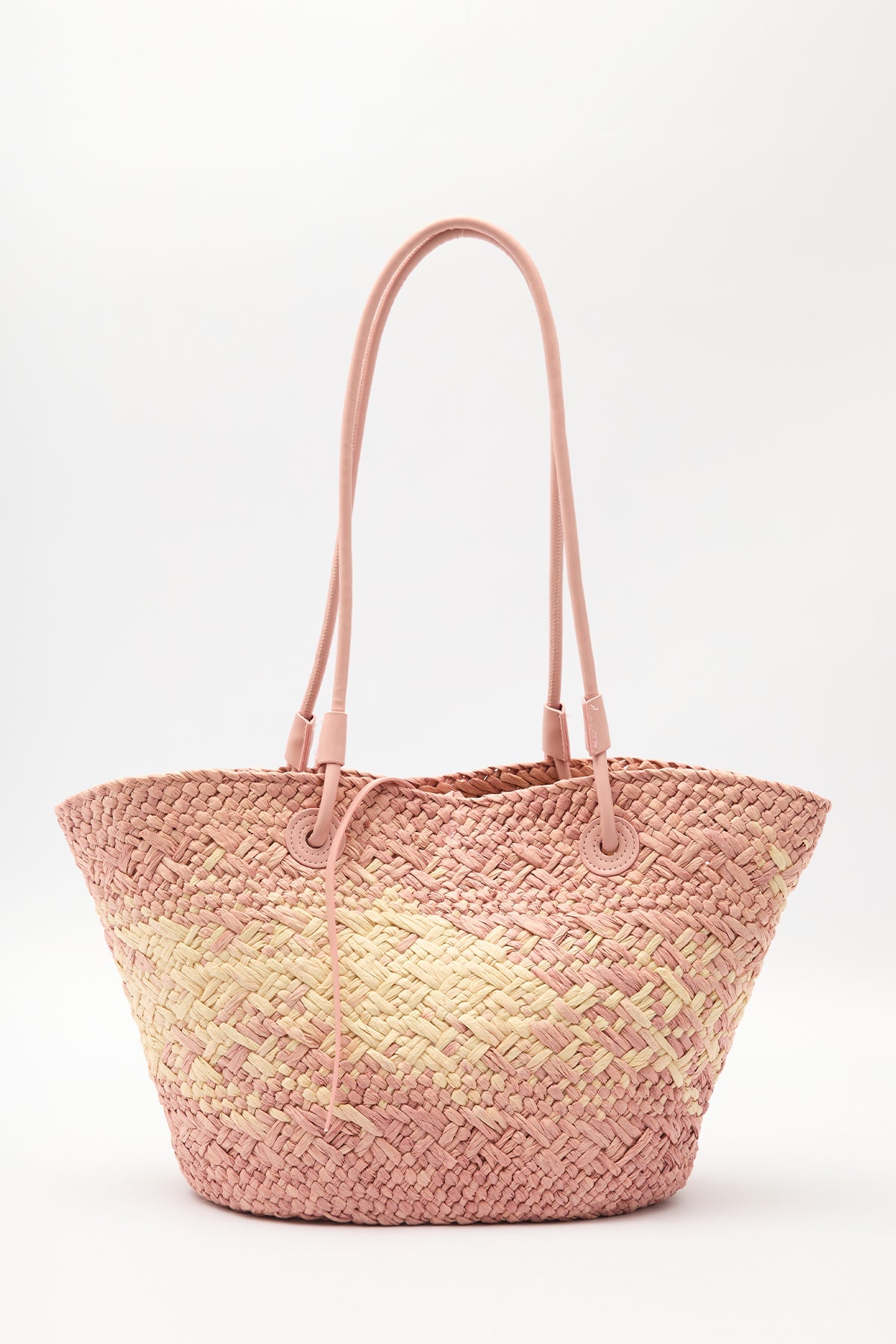 Pink straw shoulder bag with faux leather strap and contrast stitching, view 4