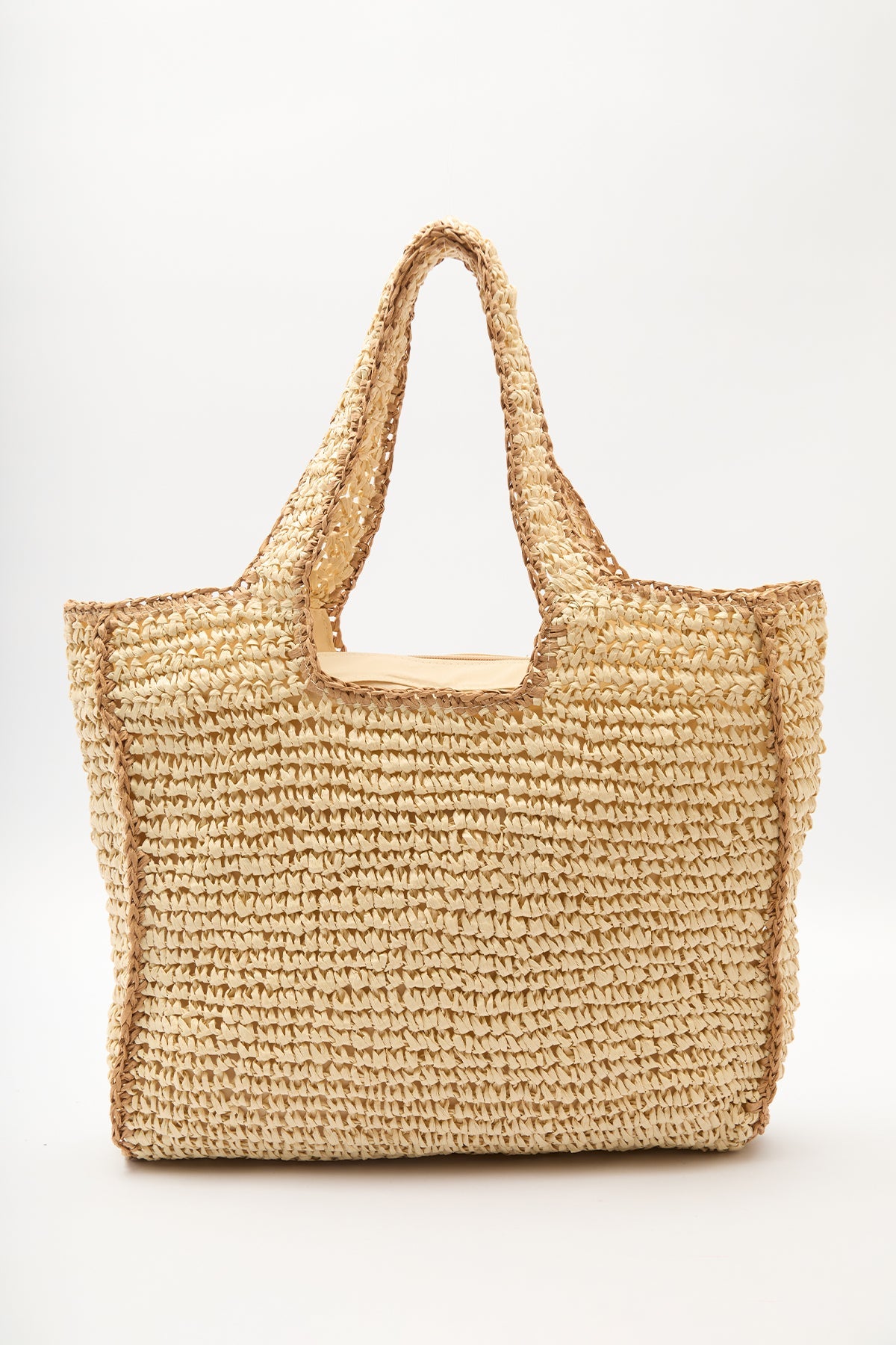 Large beige contrast straw shoulder bag with zip closure, view 3