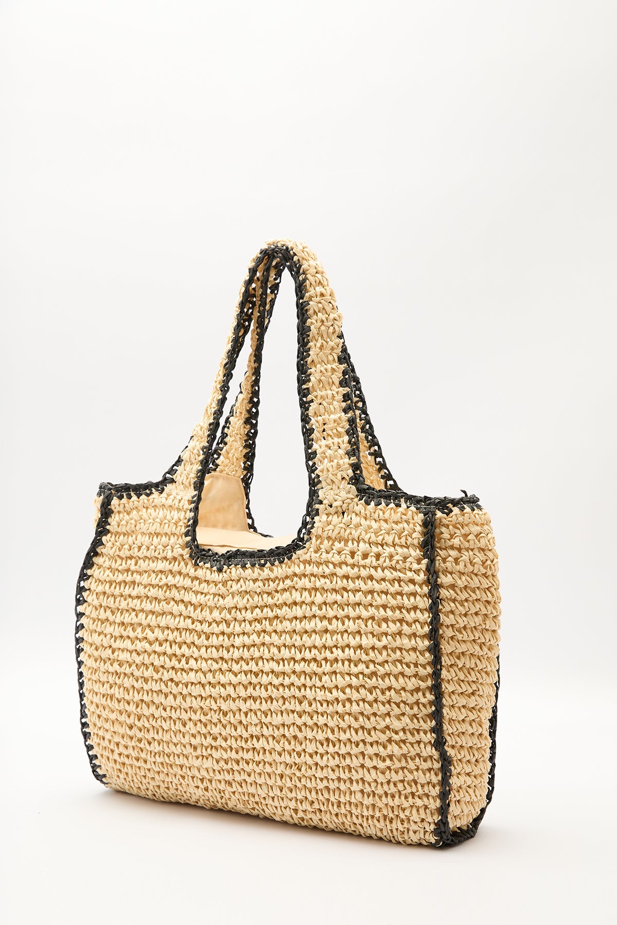 Large beige and black striped straw shoulder bag with zipper closure, view 5