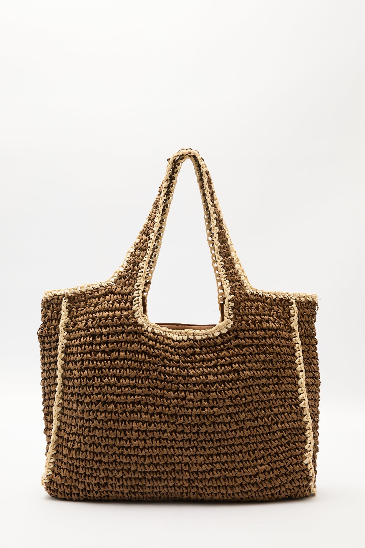 Large brown contrast straw shoulder bag with zip closure, view 5