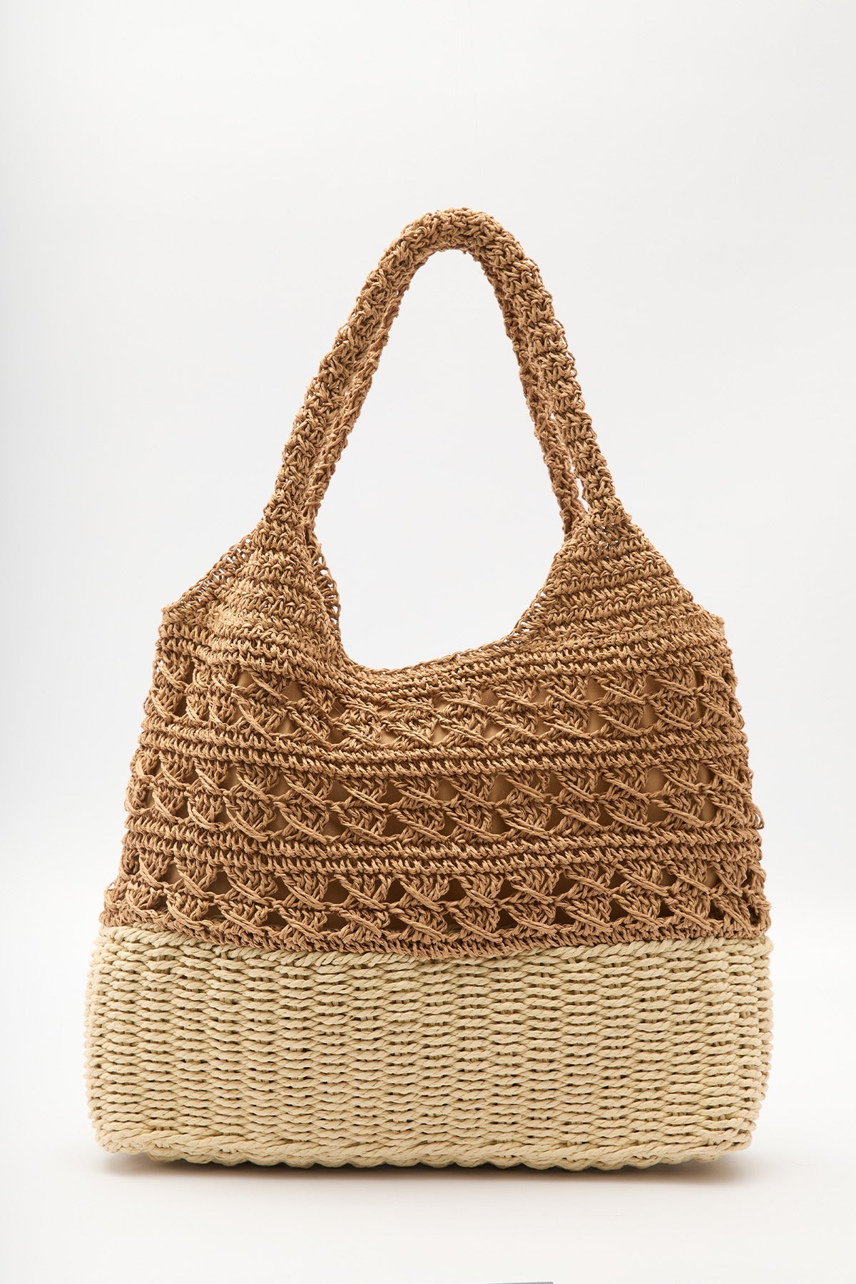 Natural two tone straw shoulder tote bag with inner pocket, view 3