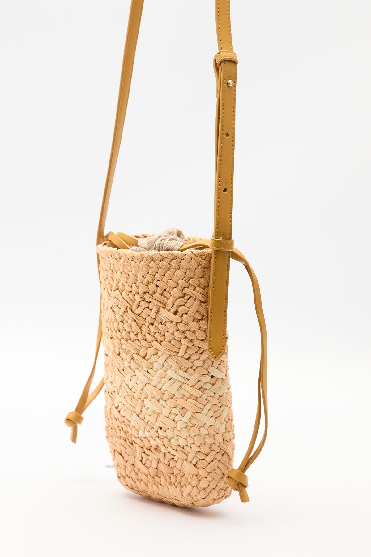Beige mini straw basket bucket bag with drawstring closure, view 6