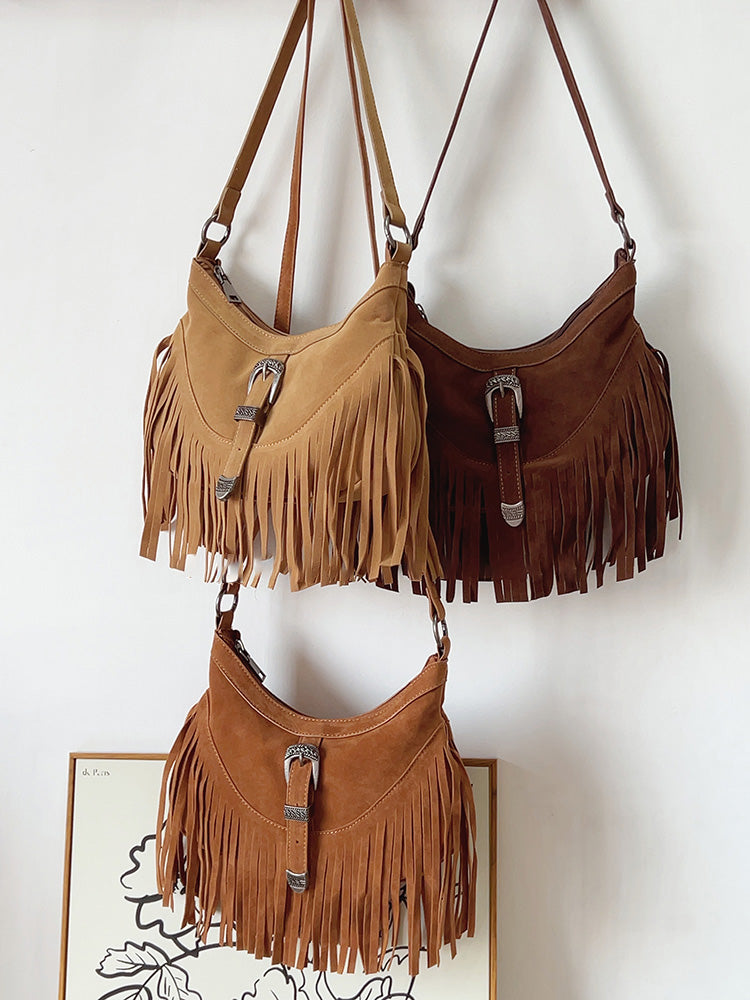 Women’s Soft Leather Soft Suede Shoulder Bag with Tassel for Everyday City Outfits