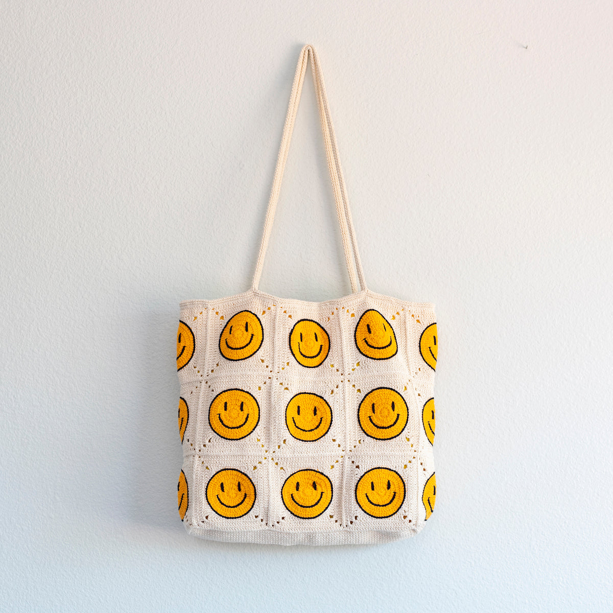 Women’s Crochet Cotton Happy Face Square Patch Tote Bag for Boho Everyday Style & Gifts