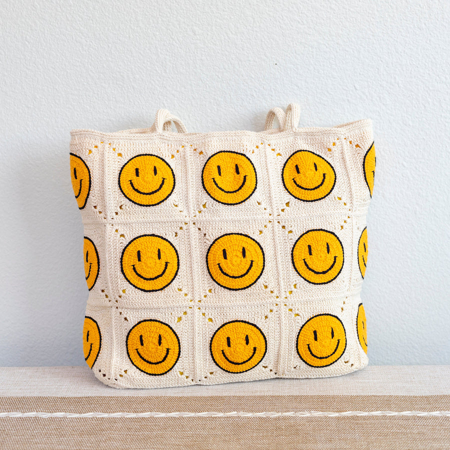 Women’s Crochet Cotton Happy Face Square Patch Tote Bag for Boho Everyday Style & Gifts