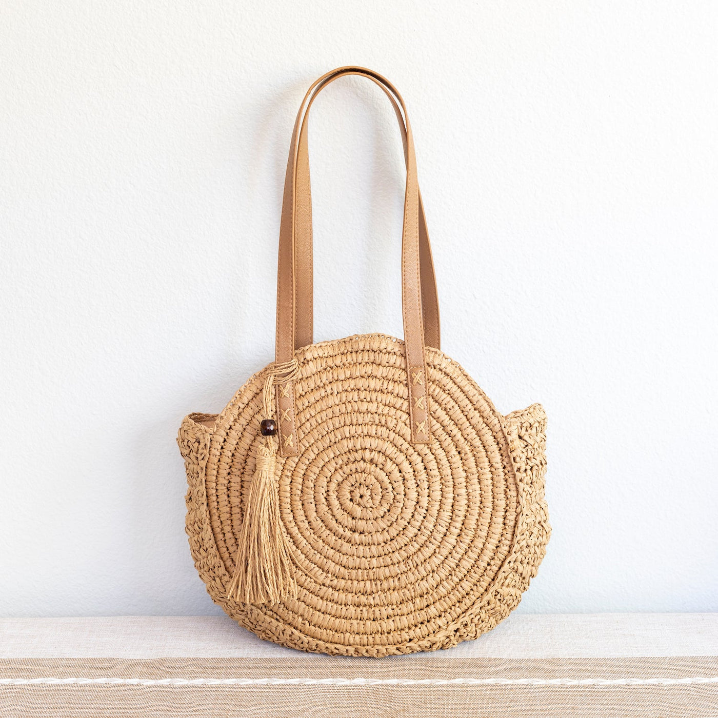 Women’s Straw Woven Round Tote with Leather Strap and Tassel for Beach, Vacation & Summer Outfits