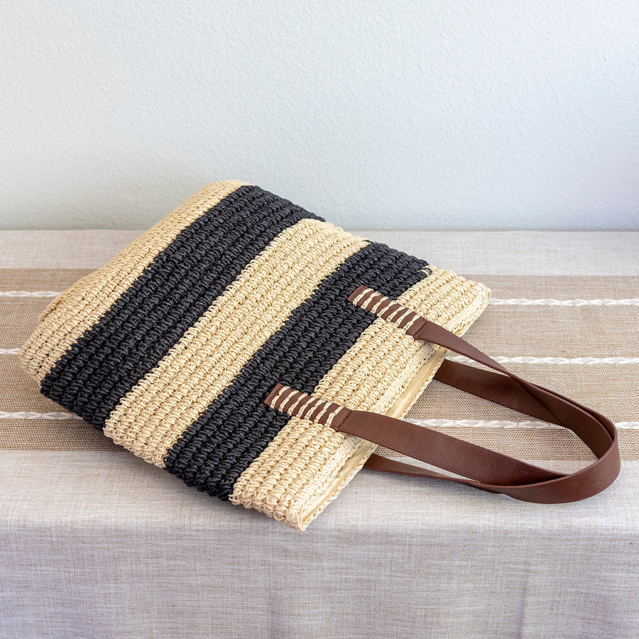 Women’s Striped Large Straw Summer Tote Handbag with Wide Straps for Beach, Vacation & Summer Outfits