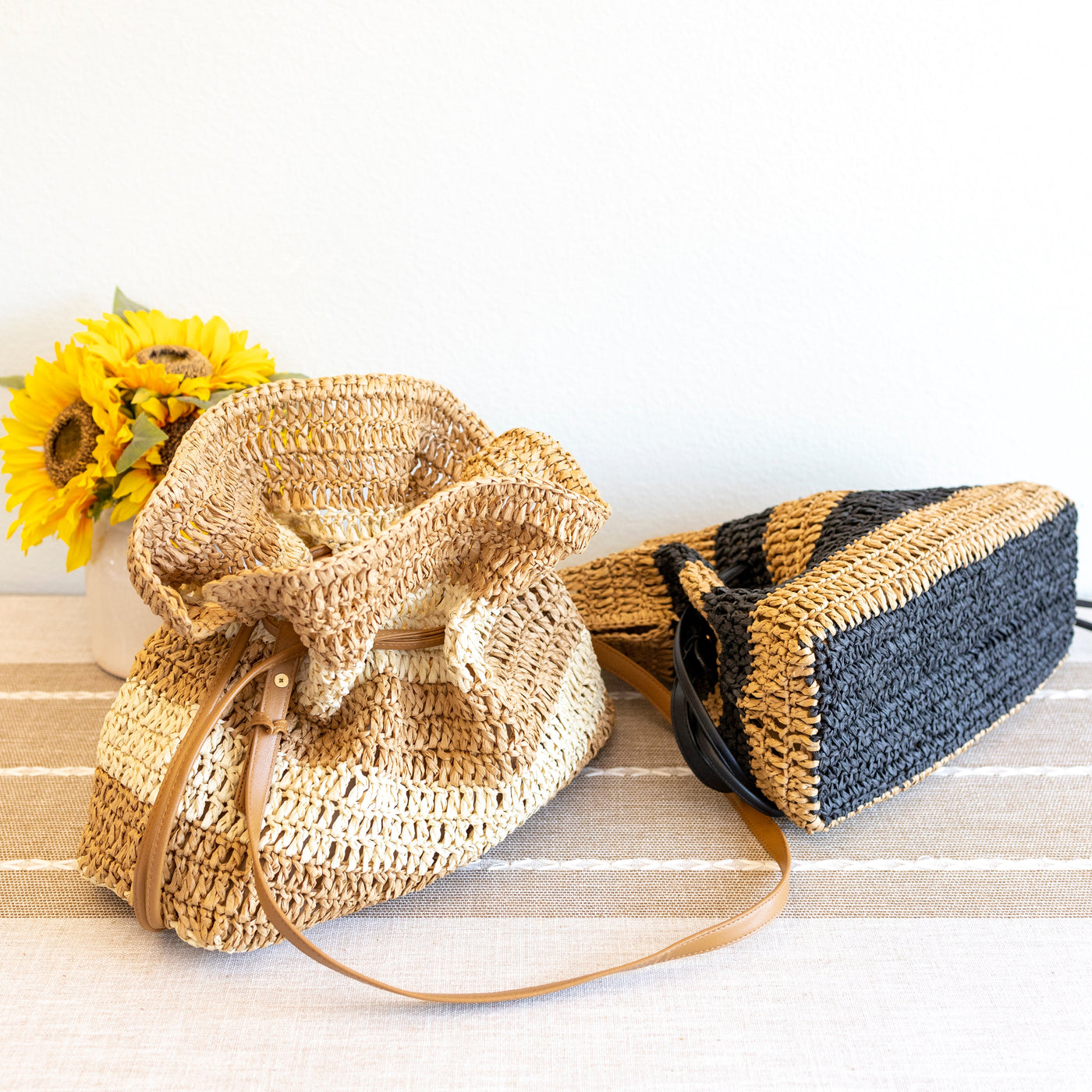 Women’s Stripe Straw Drawstring Bag Tote Bag for Beach, Vacation & Summer Outfits