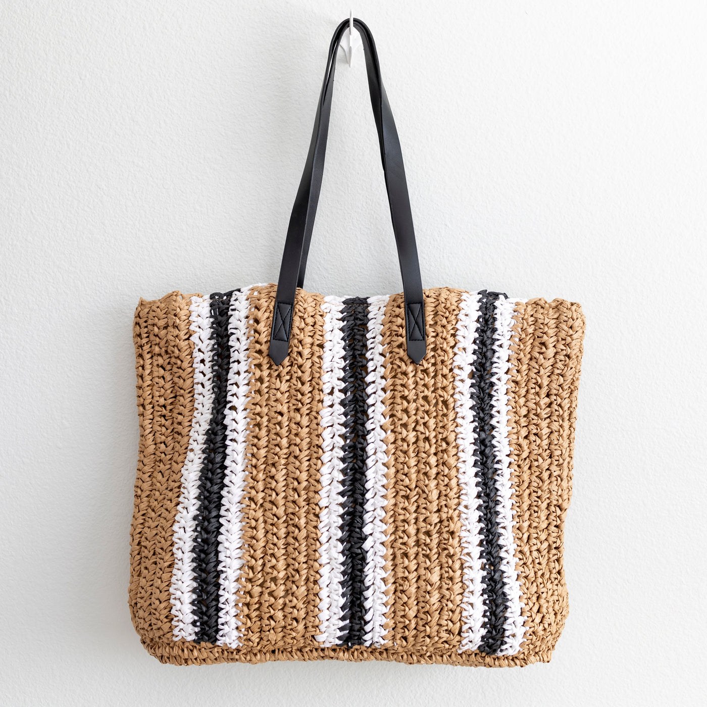 Women’s Striped Large Straw Woven Tote for Beach, Vacation & Summer Outfits