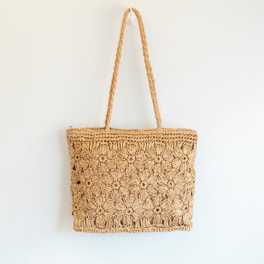 Women’s Straw Woven Tote with Floral Design for Beach, Vacation & Summer Outfits