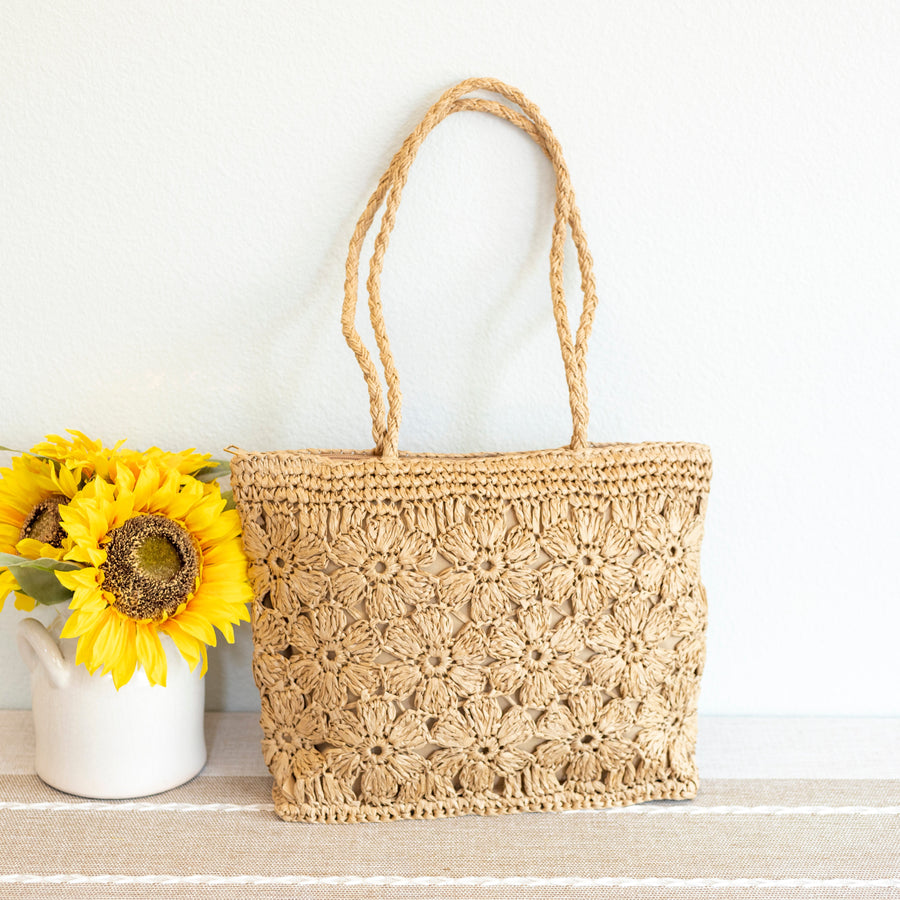 Women’s Straw Woven Tote with Floral Design for Beach, Vacation & Summer Outfits