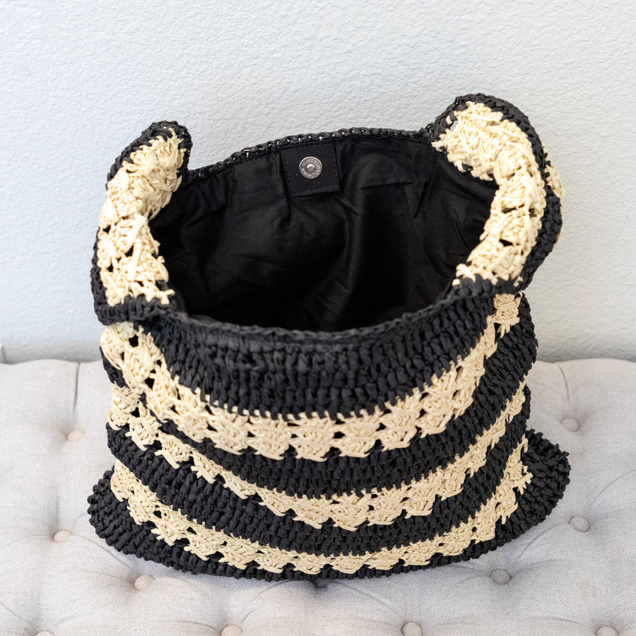 Women’s Handmade Crochet Straw Tote Bag – Black & Beige Striped Shoulder Bag for Beach, Vacation & Summer Outfits