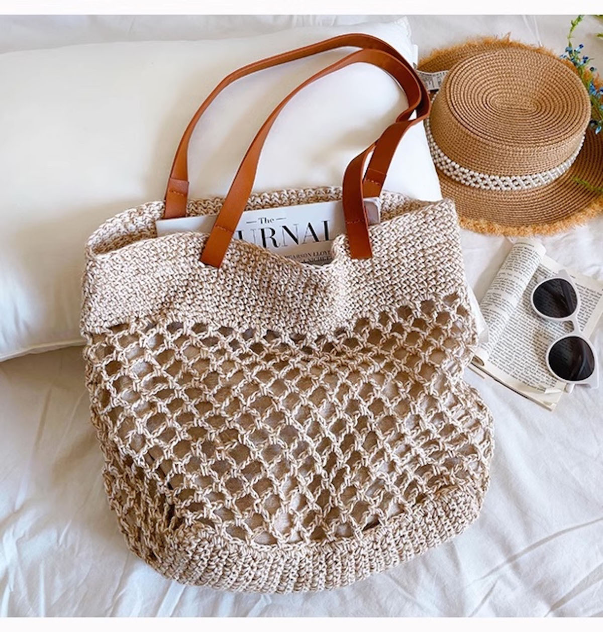 Women’s Retro Fish Net Cotton Knitted Shoulder Bag with Leather Straps for Boho Everyday Style & Gifts
