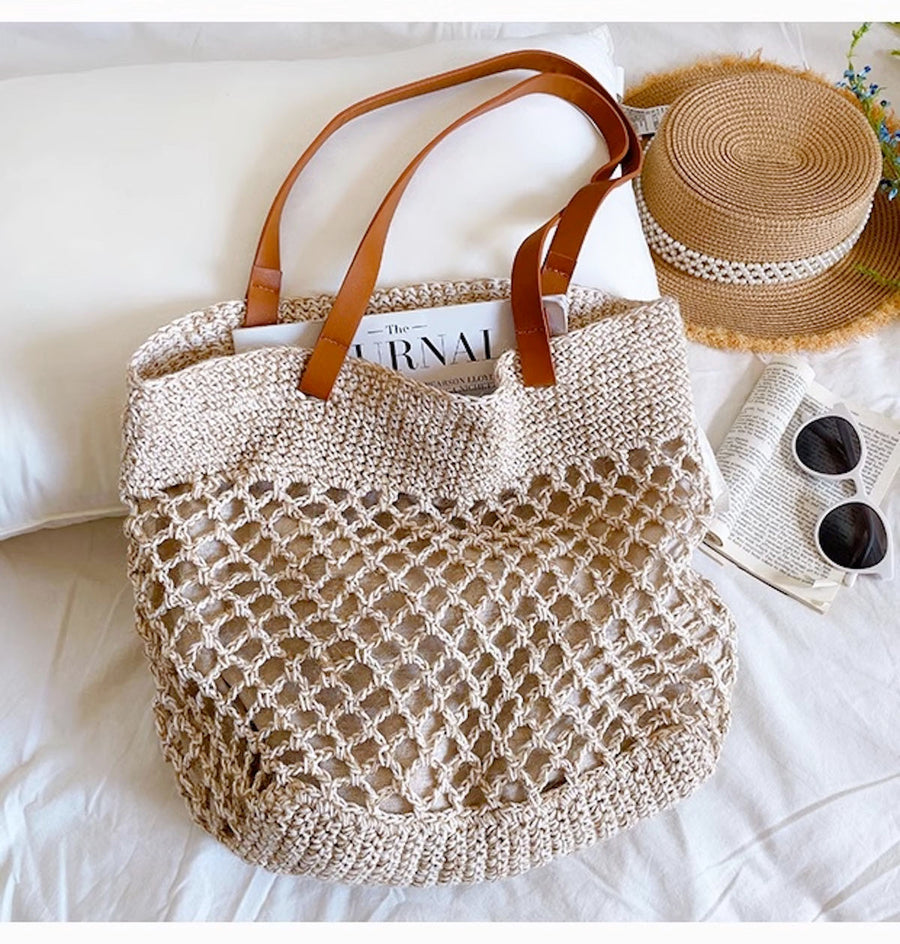 Women’s Retro Fish Net Cotton Knitted Shoulder Bag with Leather Straps for Boho Everyday Style & Gifts