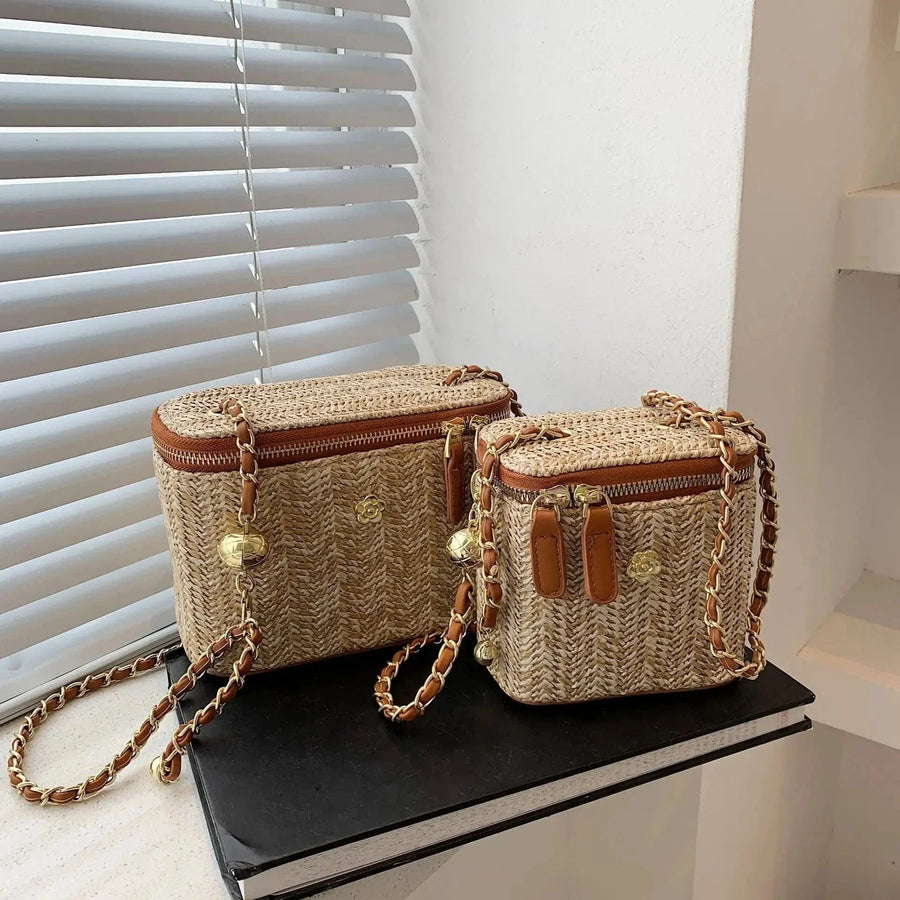 Straw Summer Bag for Women, Natural Summer Vacation Purse in Brown, styled as a SheSelects summer accessory