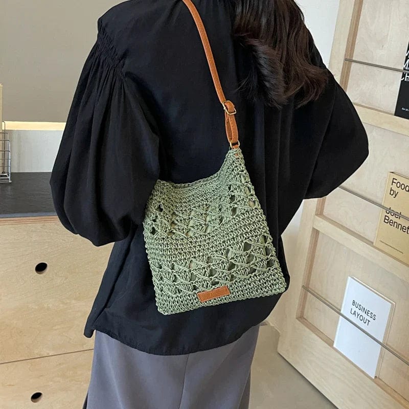 Crochet Crossbody Bag for Women, Woven Summer Purse with Easy Strap in Beige, styled as a SheSelects summer accessory