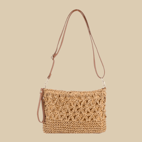 Crochet Crossbody Bag for Women, Woven Summer Purse with Easy Strap in Beige, styled as a SheSelects summer accessory