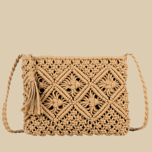 Crochet Shoulder Bag for Women, Natural Woven Summer Purse in Black, styled as a SheSelects summer accessory