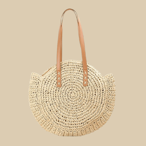 Crochet Summer Bag for Women, Natural Summer Vacation Purse in Beige, styled as a SheSelects summer accessory