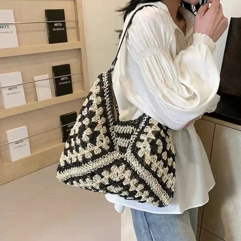 Crochet Tote Bag for Women, Woven Summer Beach and Vacation Purse in Coffee, styled as a SheSelects summer accessory