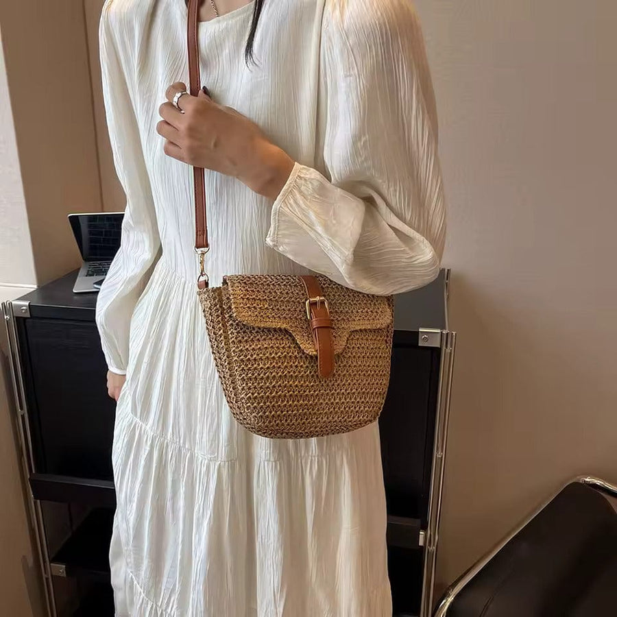Straw Crossbody Bag for Women, Woven Summer Purse with Easy Strap in Light Brown, styled as a SheSelects summer accessory