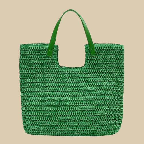 Green Straw Summer Bag for Women, Natural Summer Vacation Purse in Green, styled as a SheSelects summer accessory