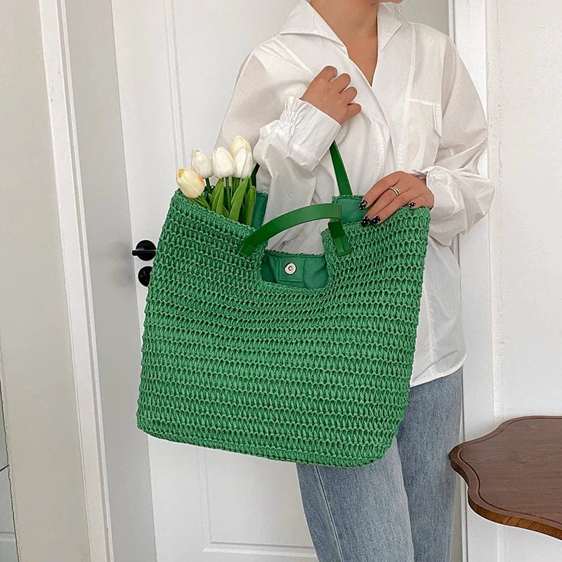 Green Straw Summer Bag for Women, Natural Summer Vacation Purse in Green, styled as a SheSelects summer accessory