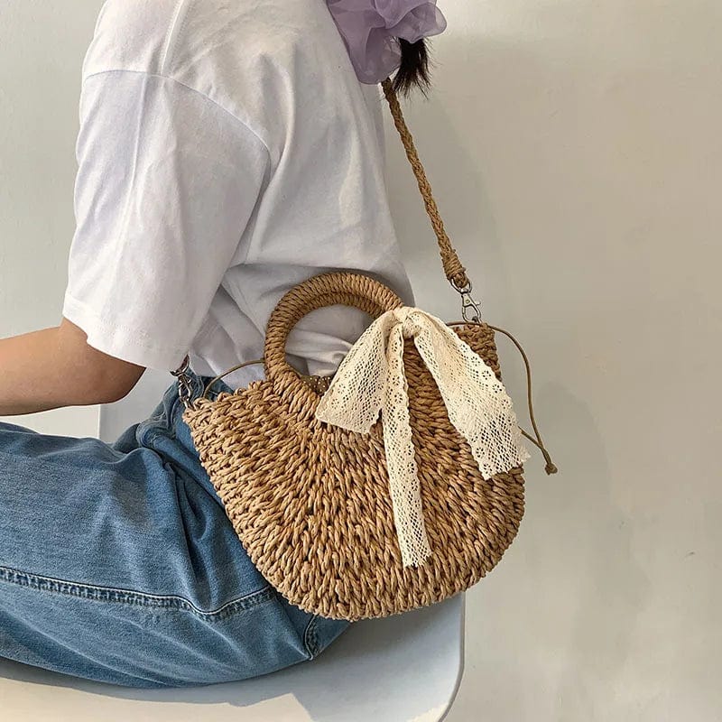 Straw Round Bag for Women, Boho Summer Crossbody Purse in Beige, styled as a SheSelects summer accessory