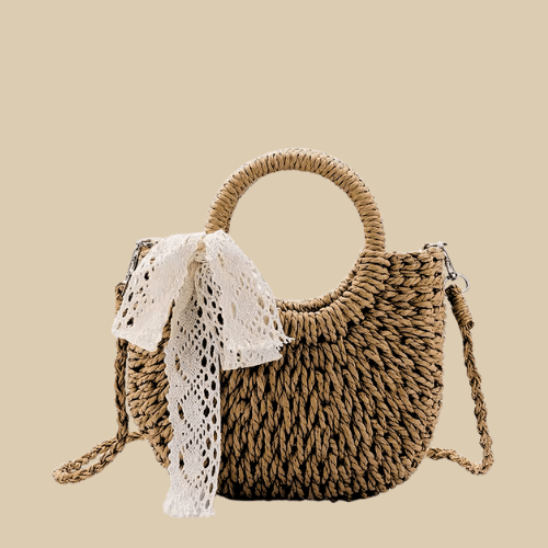 Straw Round Bag for Women, Boho Summer Crossbody Purse in Beige, styled as a SheSelects summer accessory