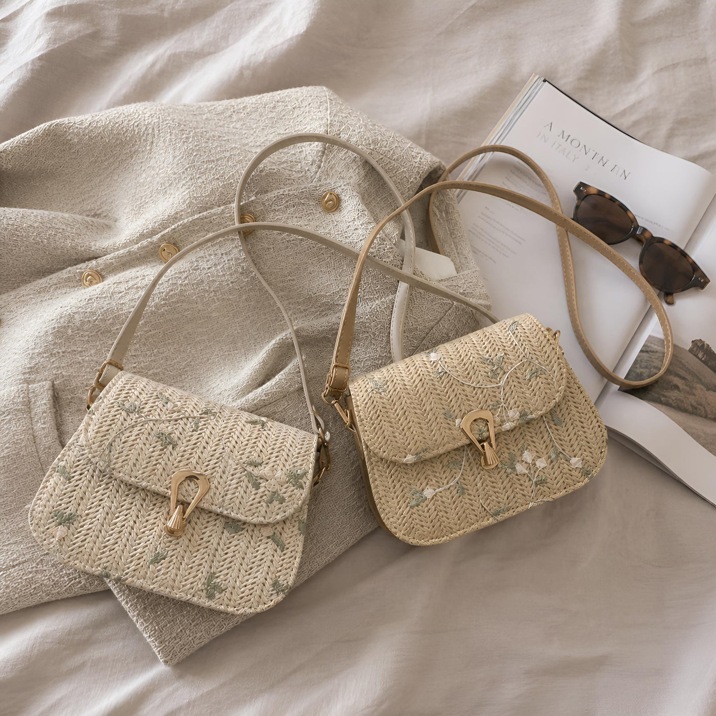 Small Straw Crossbody Bag Floral Embroidery Summer Shoulder Purse White Khaki, SheSelects Atelier summer style