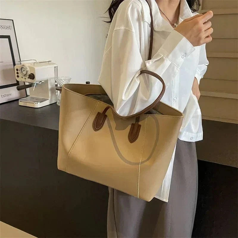 Vegan Leather Tote Bag for Women, Soft Everyday Shoulder Purse in Coffee, styled as a SheSelects summer accessory