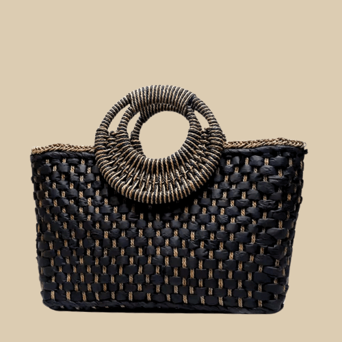 Straw Summer Bag for Women, Natural Summer Vacation Purse in Black, styled as a SheSelects summer accessory