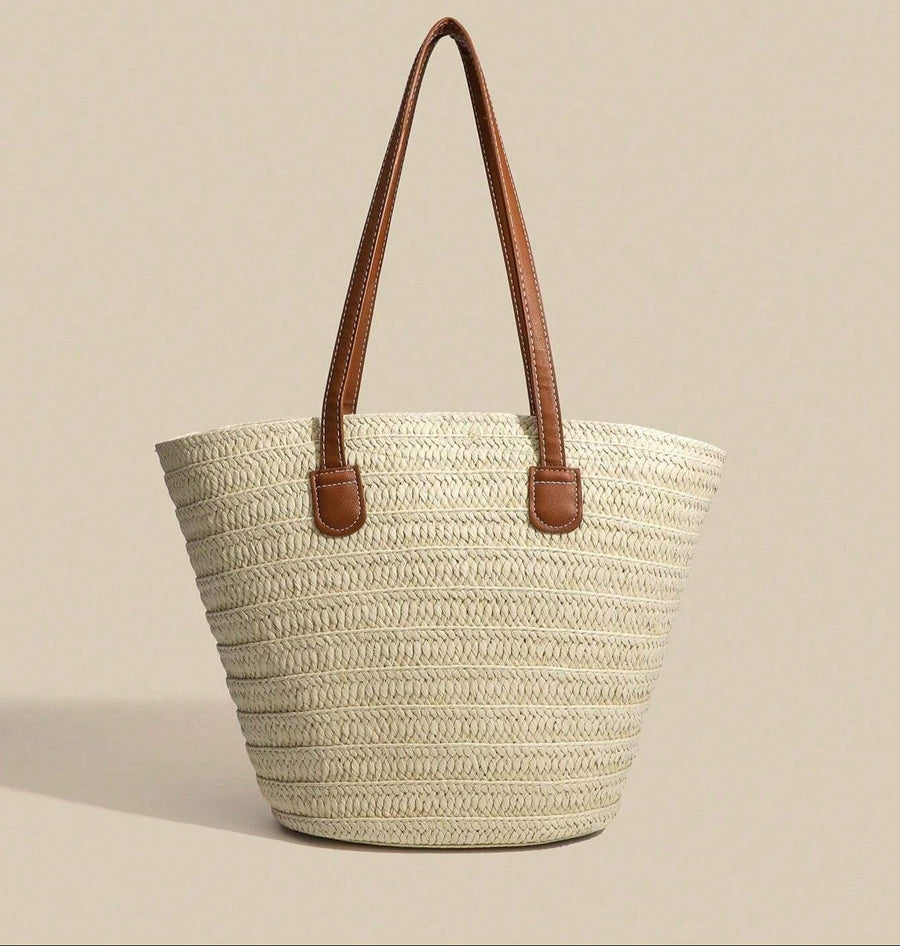 Large Straw Tote Bag for Women, Woven Summer Beach and Vacation Purse in Beige, styled as a SheSelects summer accessory