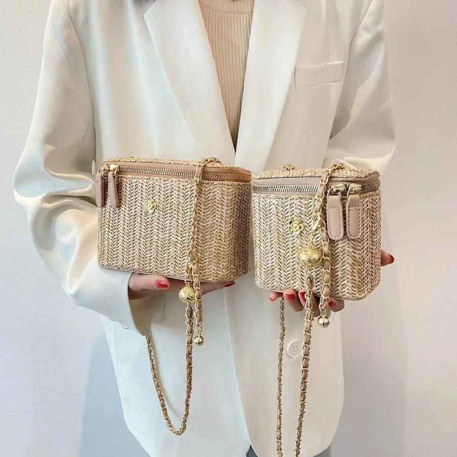 Straw Summer Bag for Women, Natural Summer Vacation Purse in Black, styled as a SheSelects summer accessory