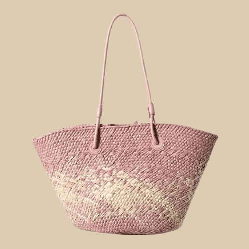 Pink Straw Summer Bag for Women, Natural Summer Vacation Purse in Pink, styled as a SheSelects summer accessory