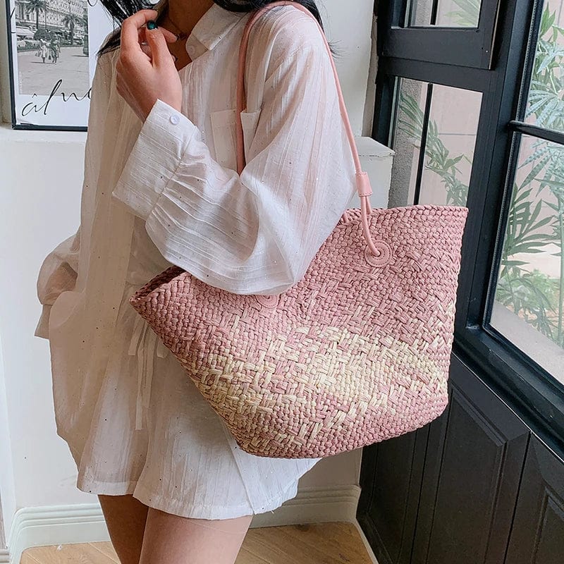 Pink Straw Summer Bag for Women, Natural Summer Vacation Purse in Pink, styled as a SheSelects summer accessory
