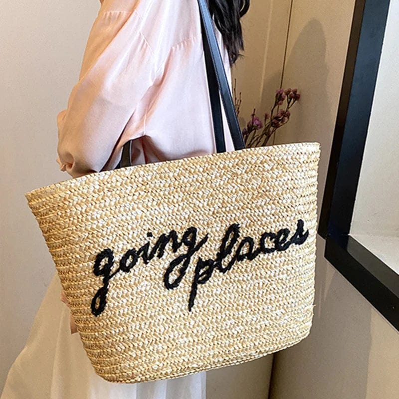 Raffia Beach Bag for Women, Lightweight Summer Vacation Purse in Khaki, styled as a SheSelects summer accessory