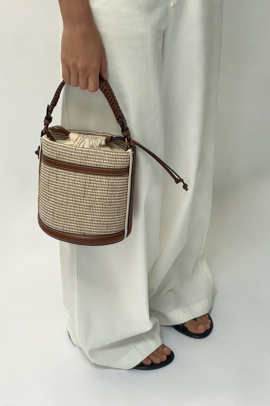Raffia Bucket Bag for Women, Boho Summer Vacation Purse in Brown, styled as a SheSelects summer accessory