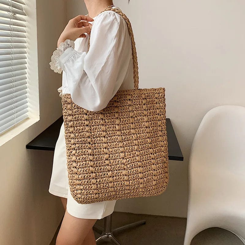 Raffia Shoulder Bag for Women, Natural Woven Summer Purse in Beige, styled as a SheSelects summer accessory