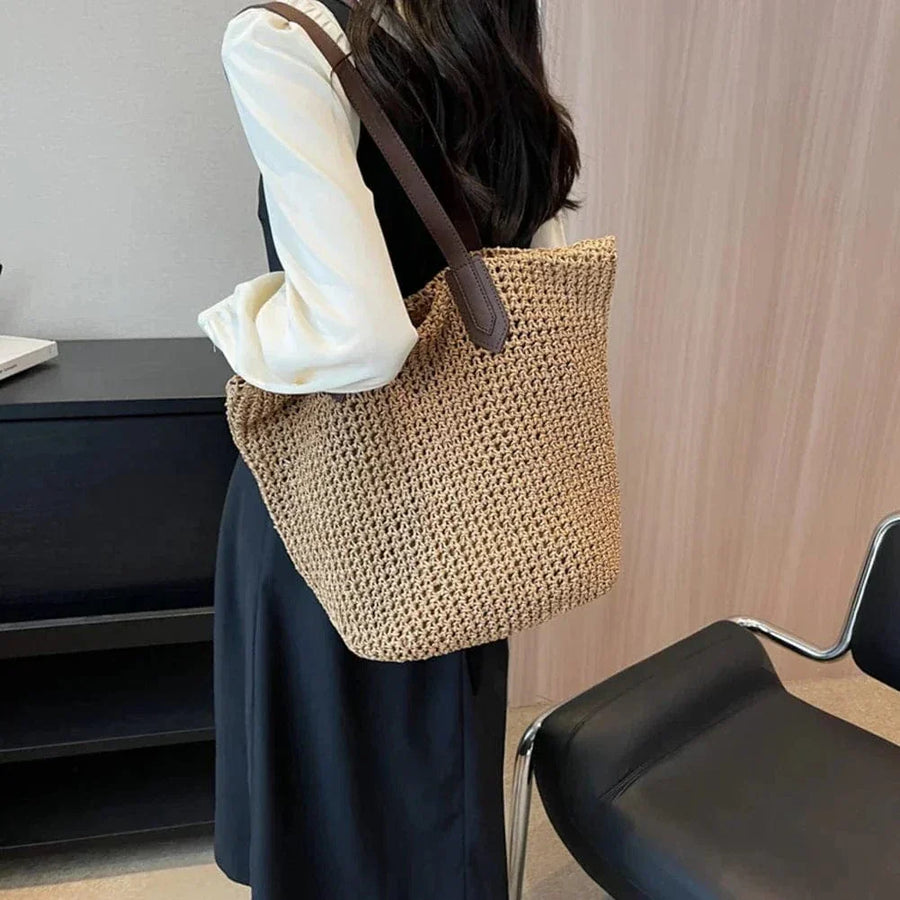 Raffia Tote Bag for Women, Woven Summer Beach and Vacation Purse in Coffee, styled as a SheSelects summer accessory