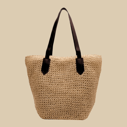 Raffia Tote Bag for Women, Woven Summer Beach and Vacation Purse in Coffee, styled as a SheSelects summer accessory